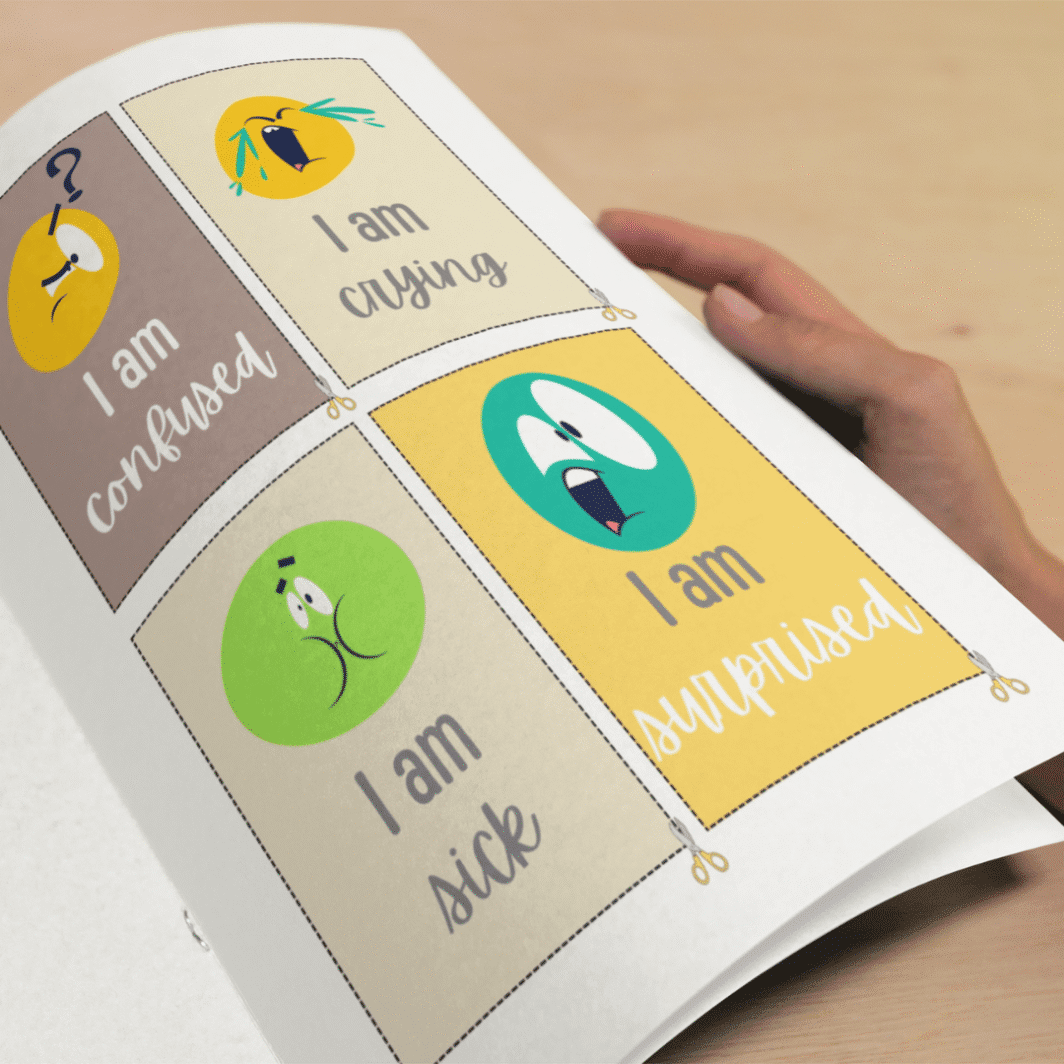 Printable instruction page for 'About Me Cards' featuring cheerful fonts, yellow stars, and simple icons explaining how kids can use the affirmation cards and play a quick confidence-boosting game