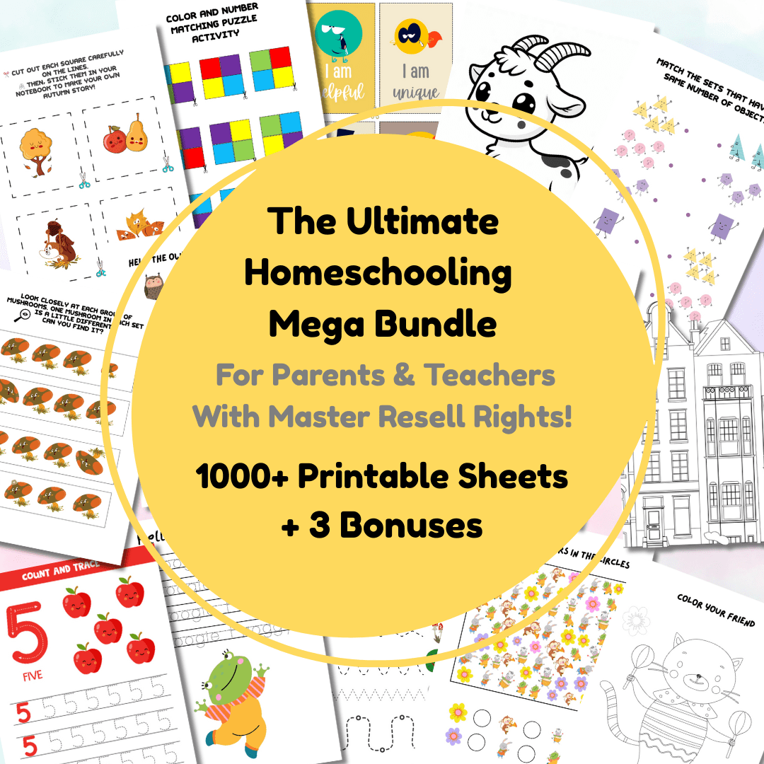 Cover image of a printable activity sheets bundle for children ages 2 to 5, featuring colorful illustrations, shapes, and playful designs that highlight early learning activities such as coloring, matching, tracing, and sorting.