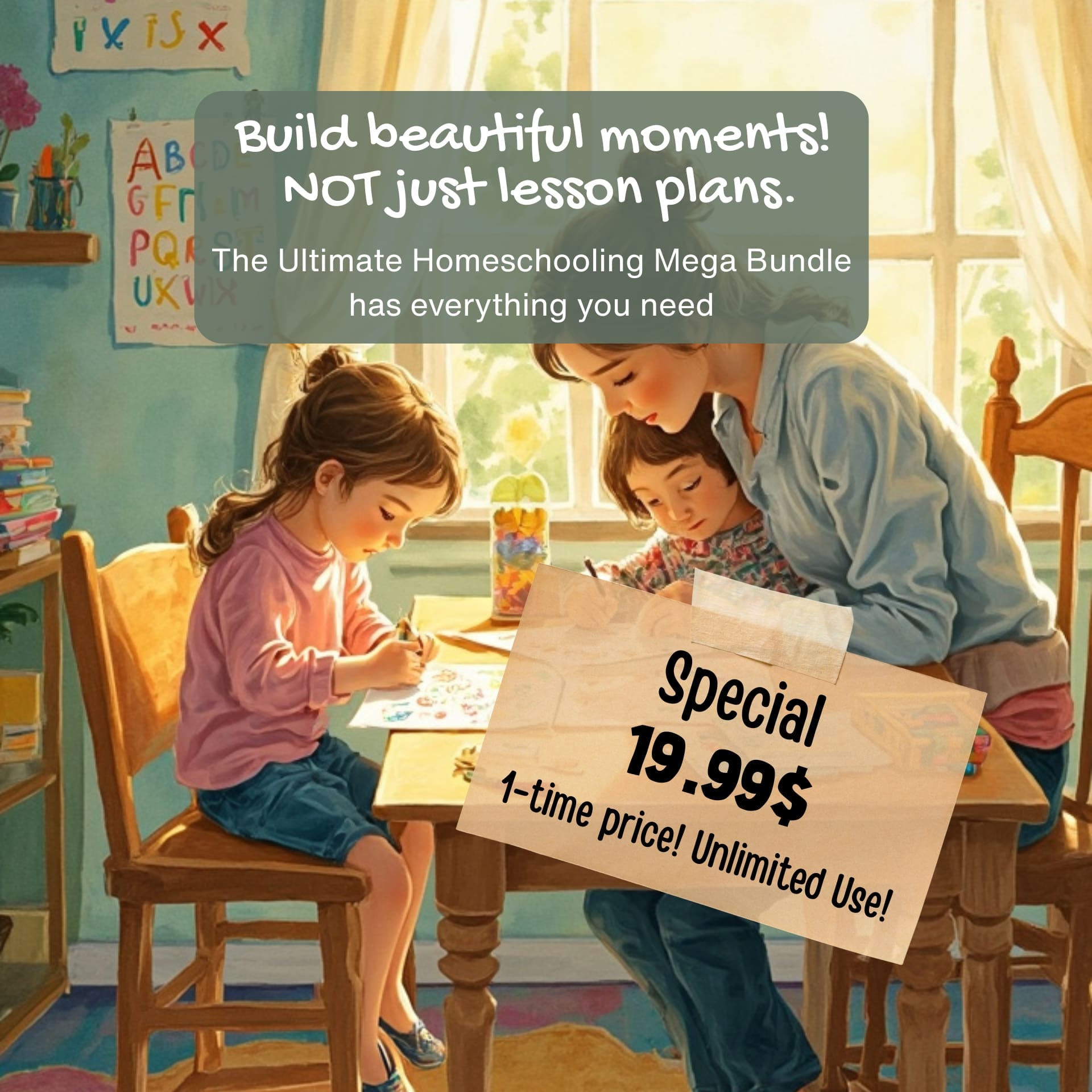 Cover image of a printable activity sheets bundle for children ages 2 to 5, featuring colorful illustrations, shapes, and playful designs that highlight early learning activities such as coloring, matching, tracing, and sorting.