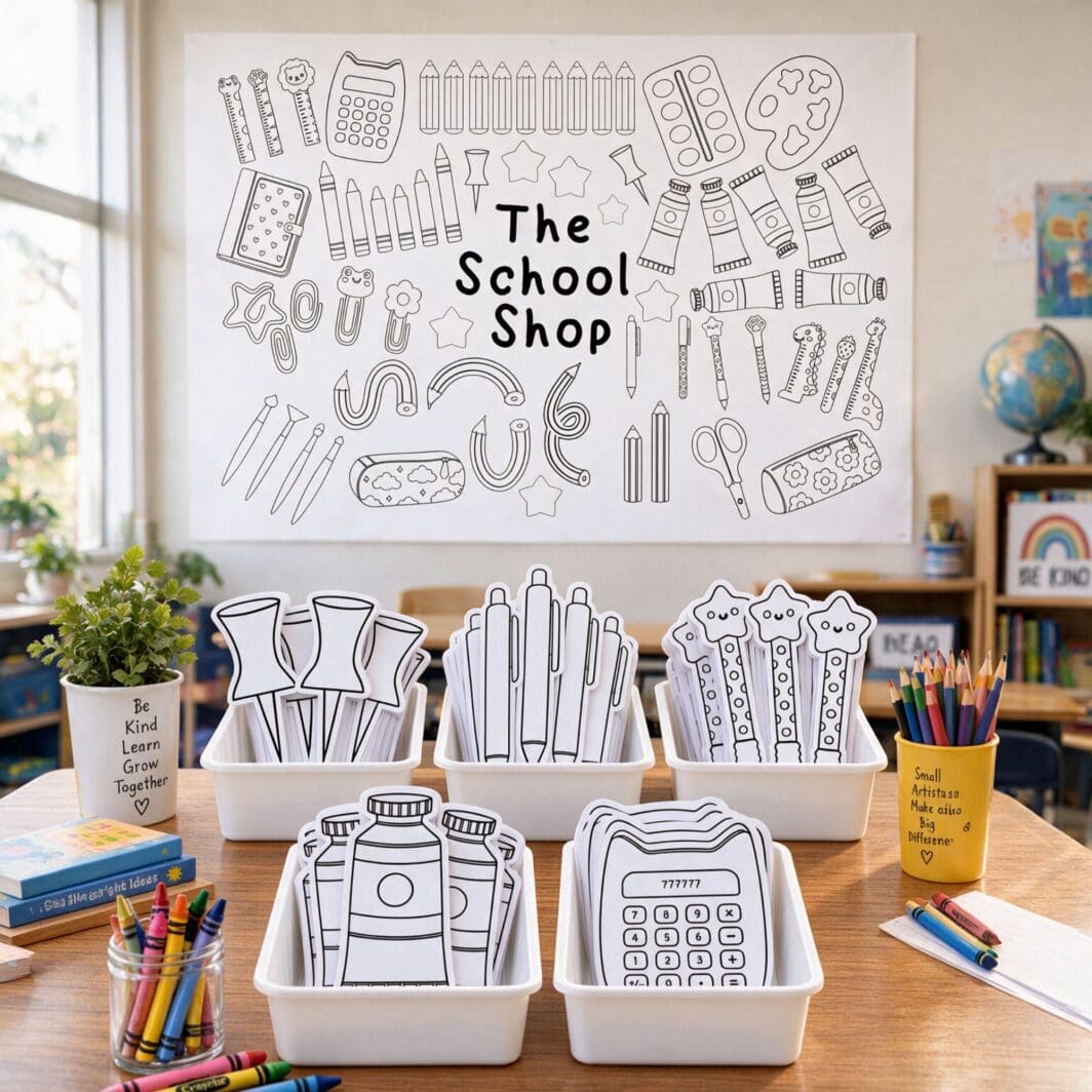 Printable Back to School Shop banner featuring playful black-and-white school supply illustrations, designed for teachers and parents to print, assemble, and display as a classroom shop or activity station backdrop.